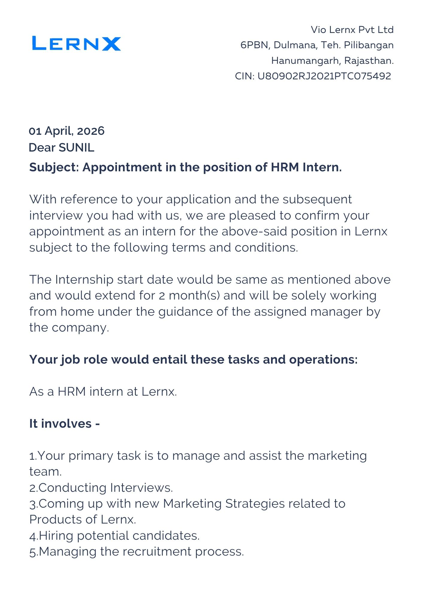 lernx Offer Letter Page 1