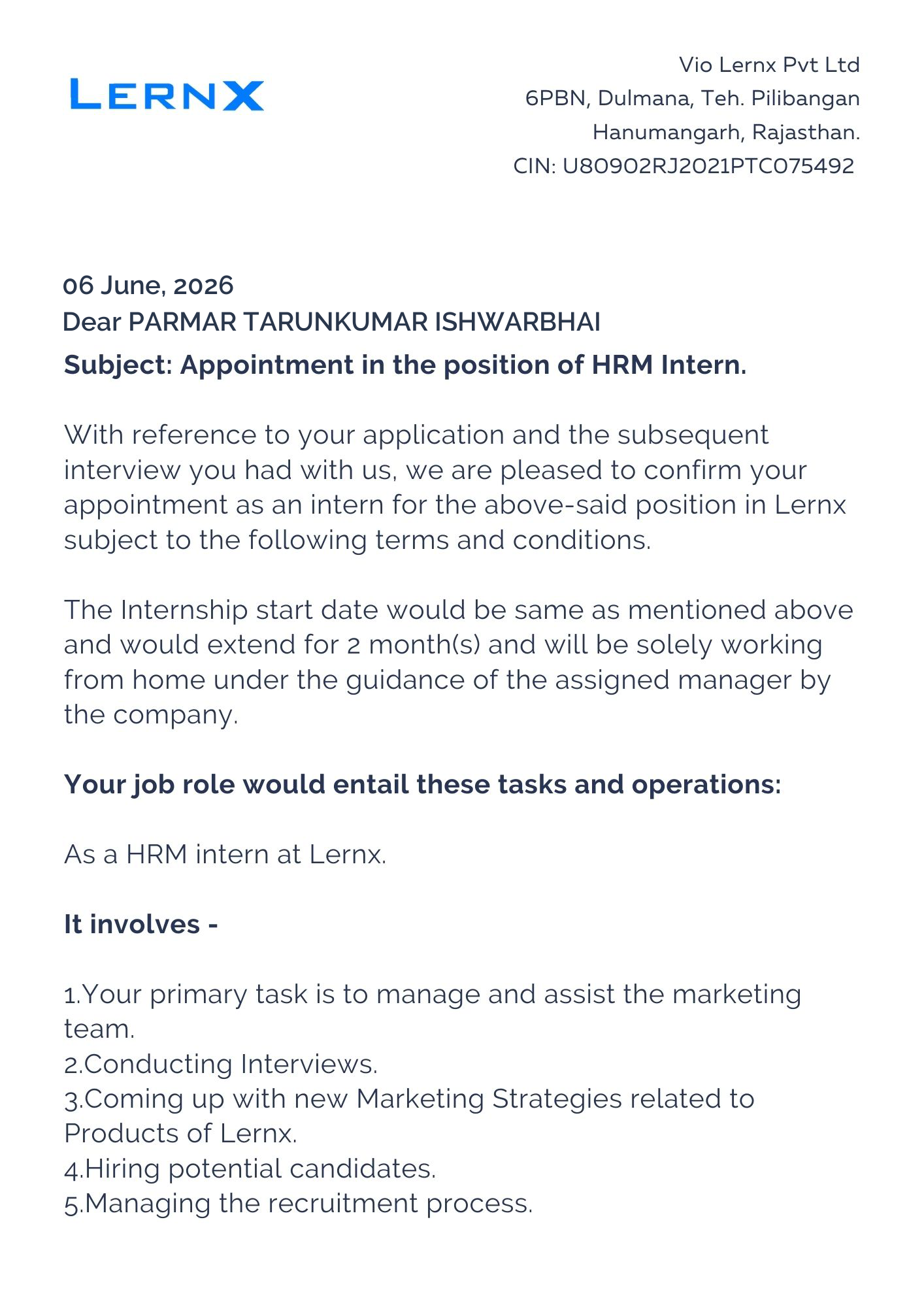 lernx Offer Letter Page 1