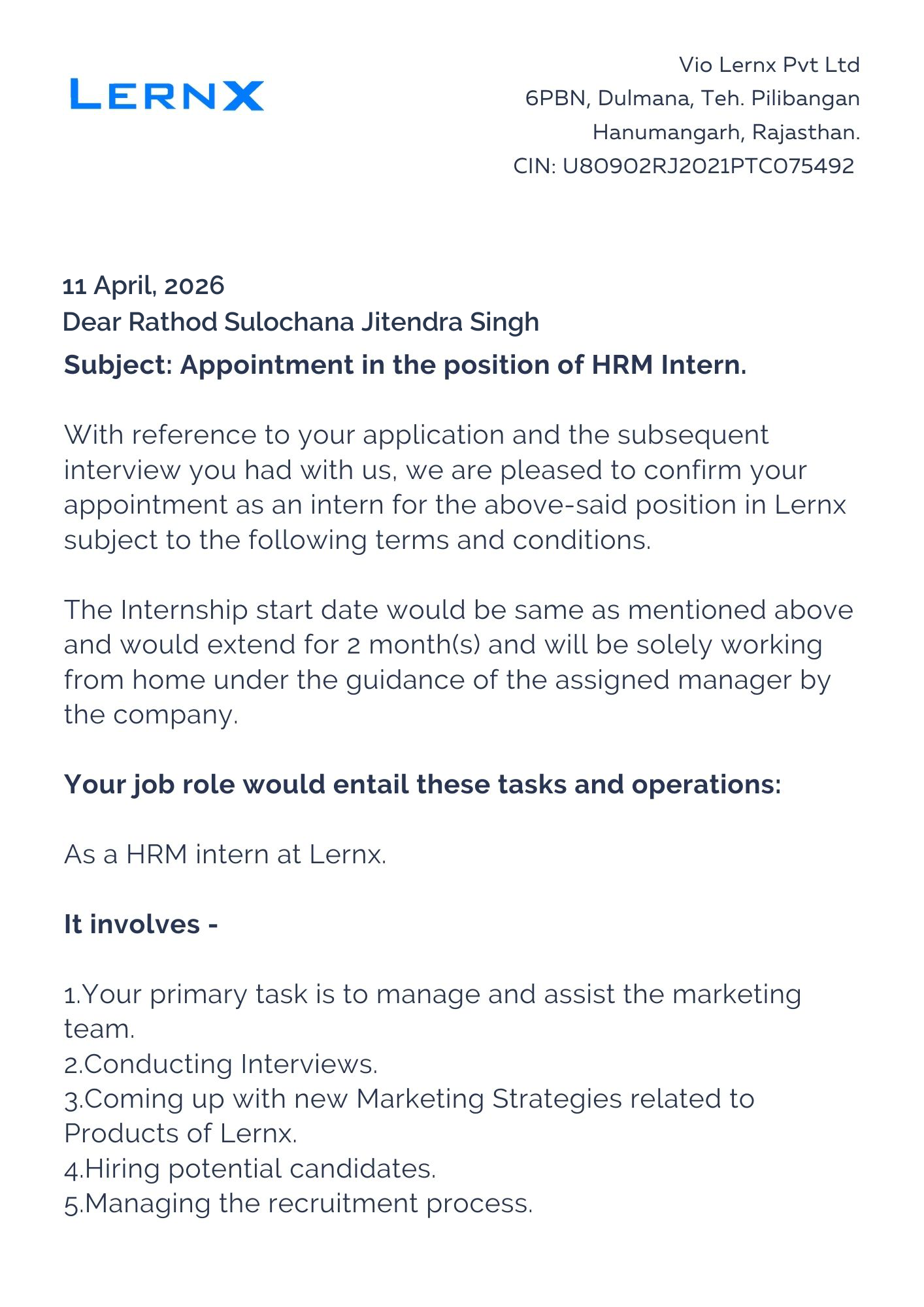 lernx Offer Letter Page 1