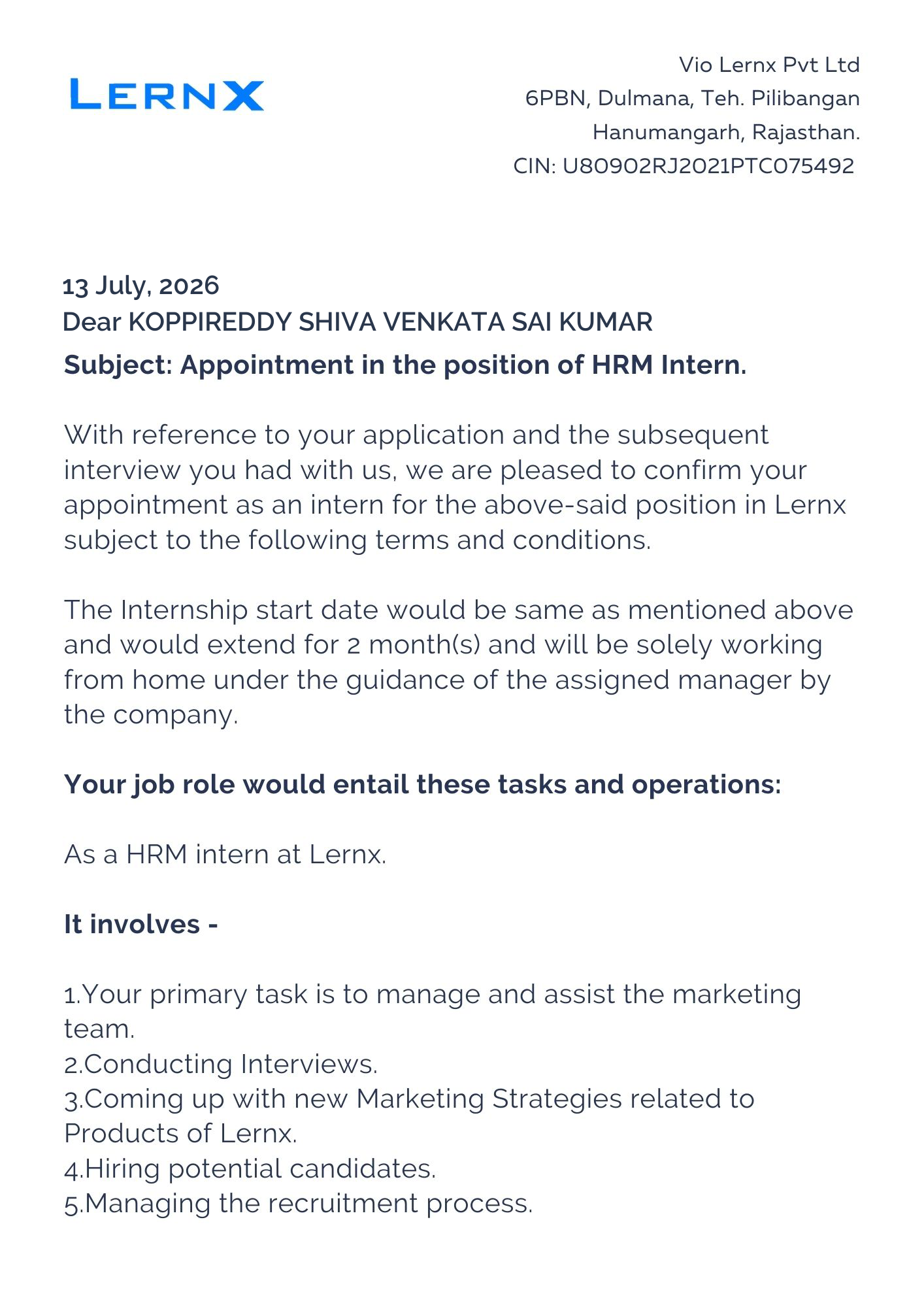 lernx Offer Letter Page 1