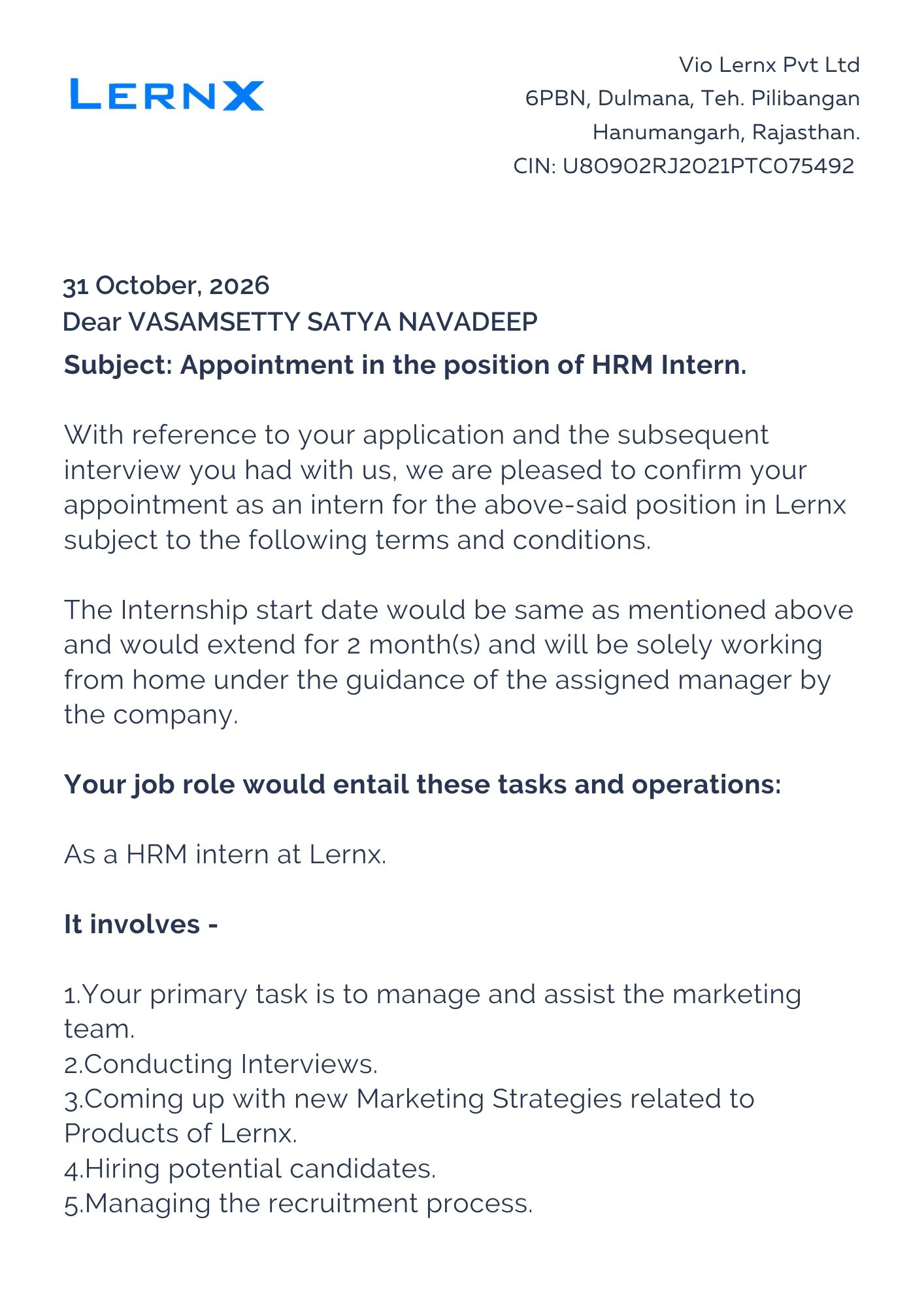 lernx Offer Letter Page 1