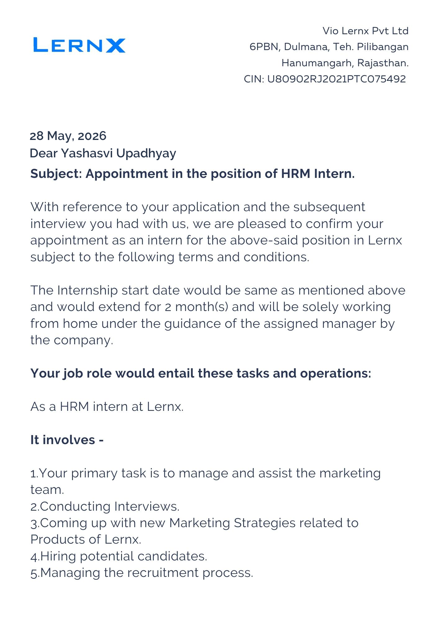 lernx Offer Letter Page 1